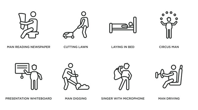 behavior outline icons set. thin line icons such as man reading newspaper, cutting lawn, laying in bed, circus man, presentation whiteboard, man digging, singer with microphone, driving vector.