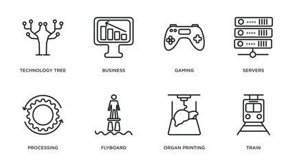 artificial intellegence outline icons set. thin line icons such as technology tree, business, gaming, servers, processing, flyboard, organ printing, train vector.