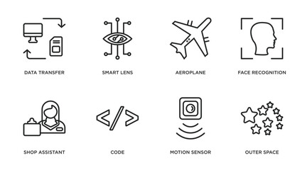 artificial intellegence outline icons set. thin line icons such as data transfer, smart lens, aeroplane, face recognition, shop assistant, code, motion sensor, outer space vector.