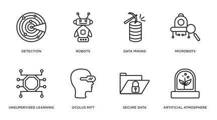 artificial intellegence outline icons set. thin line icons such as detection, robots, data mining, microbots, unsupervised learning, oculus rift, secure data, artificial atmosphere vector.