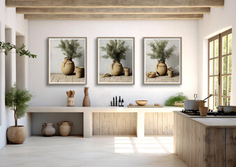 3 vertical  frames mock up in contemporary mediterranean  style  kitchen., generative ai