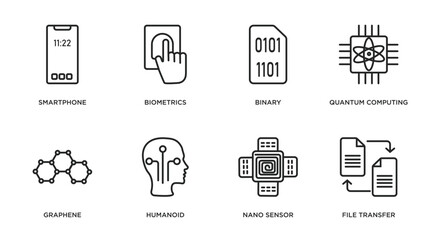 artificial intellegence outline icons set. thin line icons such as smartphone, biometrics, binary, quantum computing, graphene, humanoid, nano sensor, file transfer vector.