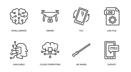 artificial intelligence outline icons set. thin line icons such as intelligence, drone, tilt, log file, available, cloud computing, ar wand, survey vector.