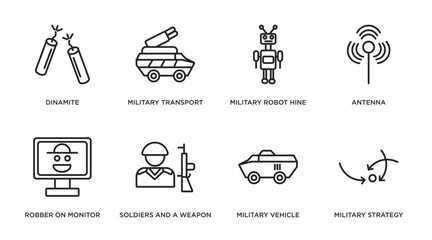 army outline icons set. thin line icons such as dinamite, military transport, military robot hine, antenna, robber on monitor, soldiers and a weapon, military vehicle, strategy vector.