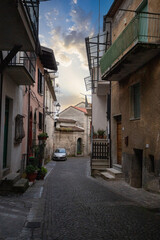 Italian mountain village, the old town with the historic houses and narrow streets in Polla, Campania, Salerno, Italy