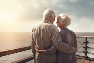 Loving elderly couple hugs, enjoy romantic moment on sea. Happy marriage, retirement. Generative AI