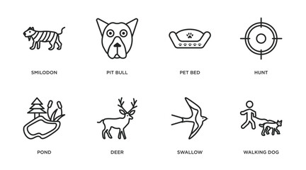 animals outline icons set. thin line icons such as smilodon, pit bull, pet bed, hunt, pond, deer, swallow, walking dog vector.