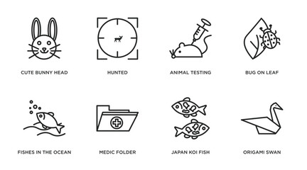 animals outline icons set. thin line icons such as cute bunny head, hunted, animal testing, bug on leaf, fishes in the ocean, medic folder, japan koi fish, origami swan vector.