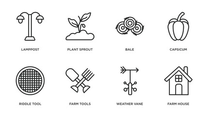 agriculture farming outline icons set. thin line icons such as lamppost, plant sprout, bale, capsicum, riddle tool, farm tools, weather vane, farm house vector.