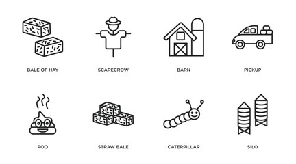 agriculture farming outline icons set. thin line icons such as bale of hay, scarecrow, barn, pickup, poo, straw bale, caterpillar, silo vector.