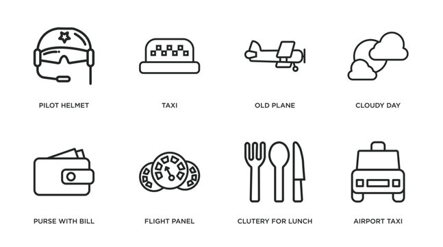 airport terminal outline icons set. thin line icons such as pilot helmet, taxi, old plane, cloudy day, purse with bill, flight panel, clutery for lunch, airport taxi vector.