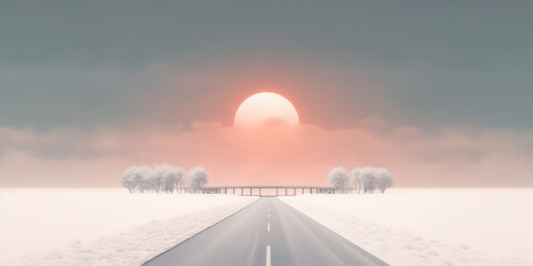 Fototapeta na wymiar Minimalistic empty highway in winter. Road surrounded snow. Travel concept. Generative AI