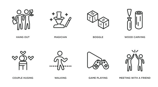 activity and hobbies outline icons set. thin line icons such as hang out, magician, boggle, wood carving, couple huging, walking, game playing, meeting with a friend vector.
