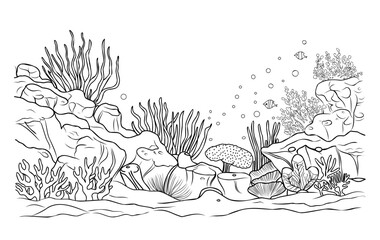 Underwater world coloring page. Coloring page life in the ocean with algae.