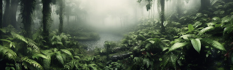 Fototapeta na wymiar panorama of the rainforest tree tops in the fog. Generative AI