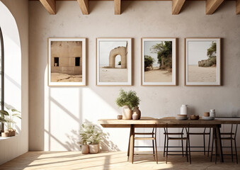 4 vertical frames mock up in contemporary mediterranean style dining room., generative ai