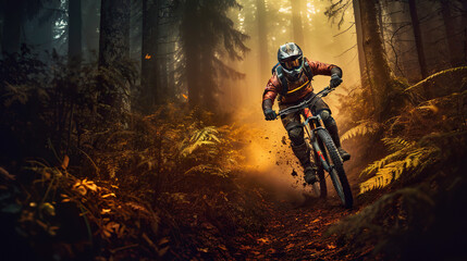 Naklejka premium Nature Trail Excitement: Mountain Biking Adventure, Generative AI