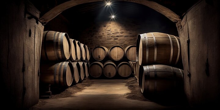 Cellar with barrels for storage and aging of wine. Generative AI