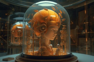 The female face of an android robot in a glass flask Ai Generative AI