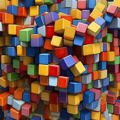 Background of colored wooden cubes close-up.Mountain of colored cubes.