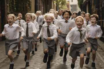 Obraz premium Happy_school_children_running_out_from_school. Generative IA