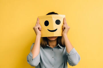 Woman covering his face with a smiling face emotico