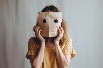 Woman covering his face with a smiling face emotico