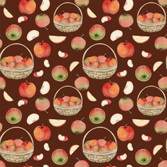 Hand drawn watercolor apple fruits in basket, ripe, full and slices red and green. Seamless pattern. Isolated object on color background. Design for wall art, wedding, print, fabric, cover, card.