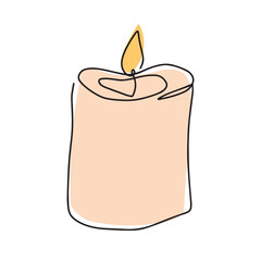 Burning fire candle. Candle light continuous one line drawing art. Vector isolated on white. 