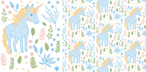 Magical unicorn pattern. Flat seamless repeating pattern. Editable vector file. Can use as background, print, fashion fabric, wallpaper, wrapping paper, etc.