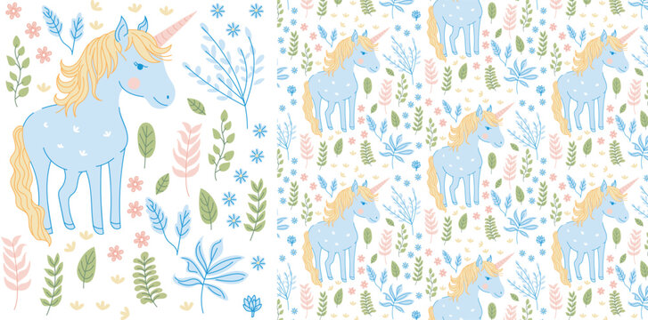 Magical unicorn pattern. Flat seamless repeating pattern. Editable vector file. Can use as background, print, fashion fabric, wallpaper, wrapping paper, etc. © RooLeeLu
