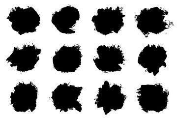 Set of black abstract brush strokes. Ink stain isolated on white background. Grainy textured design elements. Vector illustration, eps 10.