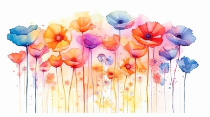 multicolored watercolor gradient rainbow flowers on a white background peonies poppies summer painting. generative ai