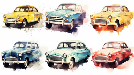 vintage small cars watercolor on white background. generative ai