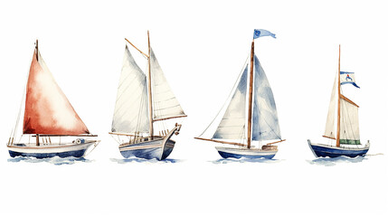 Fototapeta premium set, a collection of watercolor drawing of a boat with a sail. generative ai