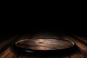 Wooden table in dark room background concept for advertising,