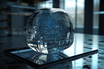 Fototapeta na wymiar Snow globe in sci fi and cyberpunk style, surrealistic tech decor made with generative Ai