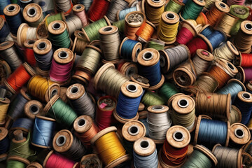 Spools of colored thread close up as a background.