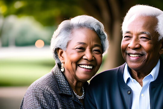 Image of a happy smiling black senior couple. (AI-generated fictional illustration)
