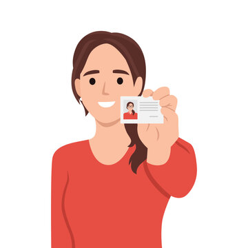 Positive woman shows badge with photo of personal data issued for use in office of corporation. Casual girl with smile and pride demonstrates document to employee company. Flat vector illustration