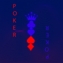 3d vector
neon symbols of playing card suits for casino. Red and blue
text "poker"