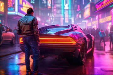 Naklejka premium Man in Metaverse, Synthwave Cyberpunk Theme | Man from Behind entering VR Meta Verse