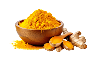 Finely dried Turmeric (Curcuma longa Linn) powder in a wooden bowl and spoon with rhizome (root) isolated on white background PNG
