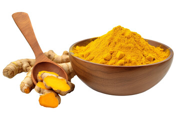 Finely dried Turmeric (Curcuma longa Linn) powder in a wooden bowl and spoon with rhizome (root) isolated on white background PNG