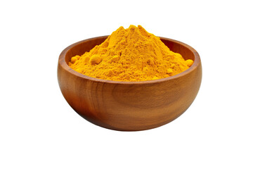 Finely dried Turmeric (Curcuma longa Linn) powder in a wooden bowl and spoon with rhizome (root) isolated on white background PNG