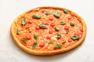 Tasty pizza margarita on white background