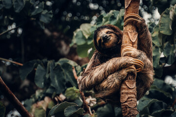 Cute sloth hanging in the tree in Panama