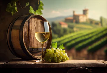 Deurstickers Toscane Glass of white wine on a barrel in the countryside. Generative AI.