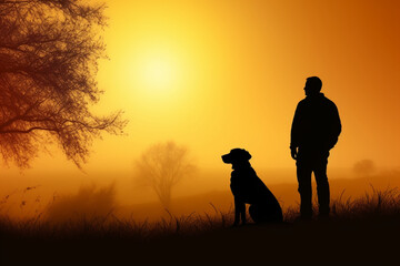 You see a man and a dog as a silhouette in front of an autumn landscape