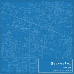 Blueprint US city map of Beaverton, Oregon.